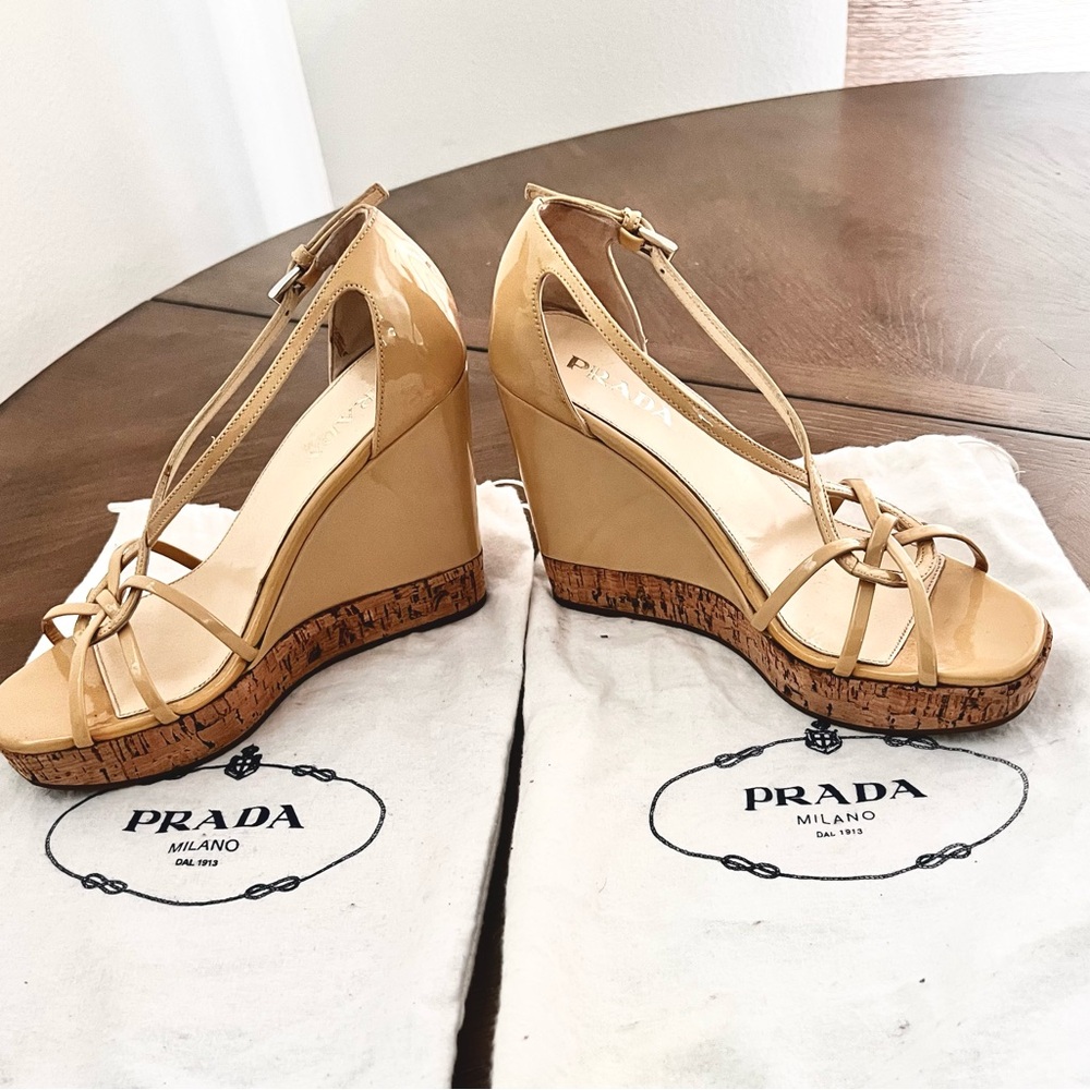 PRADA - Tan Patent Leather Wedge Sandals with Rope Detailing